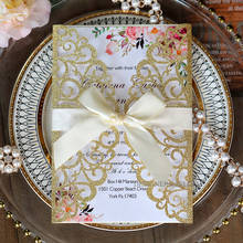 Invitaciones de boda cortadas con láser, con purpurina dorada, cinta de marfil, impresión personalizada, dulces, 15 invitaciones, 50 Uds. 2024 - compra barato