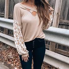 Women T-shirt V-neck Cross Leopard Printed Casual Long-sleeved Tops Loose Blouse Fashion Woman Blouses 2022 Female Clothing 2024 - buy cheap