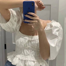 Foridol white lace up pelpum blouse tops women autumn backless ruffle crop tops puff sleeve vintage blusa mujer chic tops 2020 2024 - buy cheap