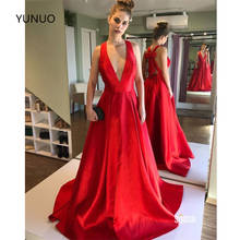 Сексуальные вечерние платья YUNUO с глубоким V-образным вырезом, Длинные атласные платья, ТРАПЕЦИЕВИДНОЕ платье с бантом, платье для выпускного вечера 2024 - купить недорого