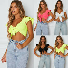 Sexy Women Solid Blouse Fly Sleeve Bow Tie Up Crop Tops Summer Front Knot Tie Skinny Shirts Ladies Slim Tops Clubwear 2024 - buy cheap