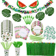 Decoración Hawaiana para fiesta, globos de látex de hoja de palma de piña, juego de vajilla de flamenco, suministros de decoración de boda para fiesta Tropical de verano 2024 - compra barato