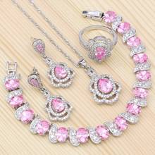 Conjunto de joias de prata 925, para decoração de noivado, rosa, zircônia cúbica, brincos de cristal branco, colar, pulseira, pingente, anel 2024 - compre barato