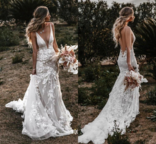 Elegant Country Mermaid Wedding Dress Deep V neck Open Back Flowers Lace Ruched Court Train Hollow Back Wedding Bridal Gowns New 2024 - buy cheap