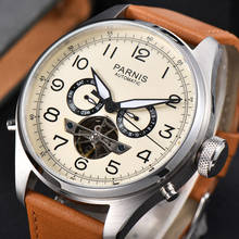Parnis relógio automático masculino de couro, 48mm, pulseira com calendário, display da semana, esqueleto, turbilhão, relógio de pulso mecânico para homens 2024 - compre barato
