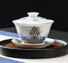 Esmalte de cerâmica pintado para guardar chá, azul e branco, porcelana, grande tigela de chá kung fu, acessórios da cerimônia de chá 2024 - compre barato