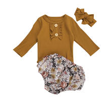 3PCS Baby Girl’s Clothes Fresh Solid Color Long Sleeve Jumpsuit and Flower Short Pants with Headband 2024 - buy cheap