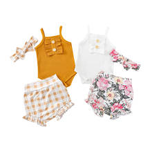 2021 0-18M Cute Infant Baby GIrl Clothing Button Ruffle Sleeveless Knitted Romper Vest+Plaid/Floral Print High Waist Shorts 3pcs 2024 - buy cheap