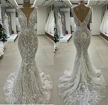 Imagem real sereia vestidos de casamento profundo decote em v rendas apliques praia vestido de casamento 2020 plus size roupões de mariée 2024 - compre barato