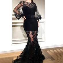 Glamorous Black Scoop Evening Dress Mermaid Applique Long Sleeves Floor-Length Sash Prom Dress Lady Dress Women Dress Dubai 2024 - buy cheap