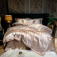 Luxo cetim jacquard seda/algodão jogo de cama rainha rei tamanho 4 pçs champagne ouro sedoso capa edredão folha linho fronhas 2024 - compre barato