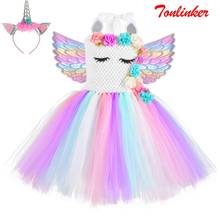 Fantasia de unicórnio tutu com faixa de cabelo, vestido infantil para festas de aniversário de arco-íris, princesa 2024 - compre barato