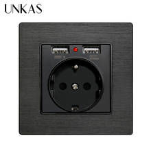 Unkas tomada elétrica ue r8, painel de metal preto, de alumínio, porta dupla de carregamento usb, 2,1a 16a rússia espanha, tomada de parede 2024 - compre barato