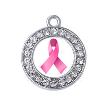 Glossy pink breast cancer ribbon label rhinestone crystal metal pendant charm 2024 - buy cheap