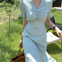 Vestido de verano con cintura de retazos para mujer, ropa Vintage de longitud media, Color sólido, informal, elegante, con cordón 2024 - compra barato