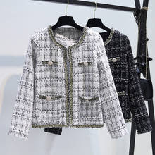 Casacos de lã elegantes com decote em v feminino senhora de escritório solta xadrez tweed casacos outerwear 2024 - compre barato