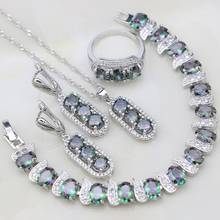 Conjuntos de joias de prata 925 para mulheres, cristal branco, arco-íris místico, zircônia cúbica, pulseiras/colar/pingente/brincos/anel 2024 - compre barato