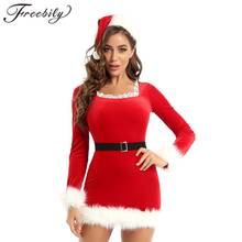 Women Santa Cosplay Costume Christmas Dress Outfits Flannel Lace Square Neck Long Sleeves Faux Fur Trim Dress With Hat And Belt 2024 - buy cheap