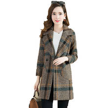 Пальто в клетку для женщин среднего возраста, пальто средней длины в Корейском стиле с воротником-костюмом, одежда на весну и осень, женское прямое свободное шерстяное пальто 2024 - купить недорого