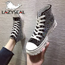 LazySeal-Botines de lona con plataforma para Mujer, botas de tacón de 3cm con remaches de cristales de colores, zapatos con cordones 2024 - compra barato