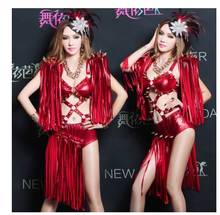 Red jazz dance costume Women sexy stage dance wear Bar ds dj nightclub collar dance Fringed singer clothing 2024 - buy cheap