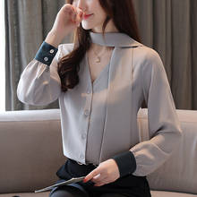 Осенние блузки с длинным рукавом и v-образным вырезом, с лентой, шифоновые женские рубашки с бабочкой, офисные женские топы, Цветные манжеты 939F6 2024 - купить недорого