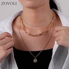 ZOVOLI Punk 3 Layer Gold Chain Pearl Choker Necklaces For Women Carved Coin Pendant Necklace Box Chain With Texture One Piece 2024 - buy cheap