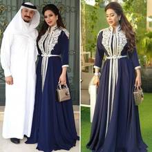 Elegant Navy Muslim Evening Dresses  Caftan Morocco Dubai Formal Evening Gowns A Line Full Length Chiffon 2020 Lace Prom Dress 2024 - buy cheap