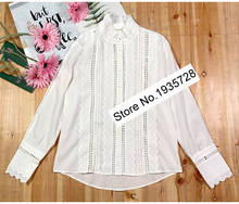 Algodão branco feminino oco para fora do laço retalhos blusa camisa superior com manga longa & babados pescoço 2024 - compre barato