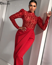 Long Sleeve Red Mermaid Evening Dresses Long 2021 High Neck Sparkle Satin Elegant Evening Gown Arabic Women Formal Dress 2024 - buy cheap