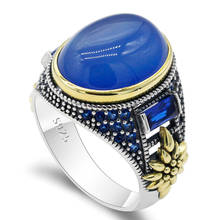 Anéis masculinos de prata esterlina real 925, com pedra de ágata azul, anel masculino com cz, luxuoso, requintado turquesa, presente de joia 2024 - compre barato