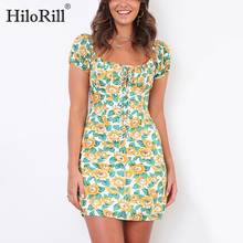 HiloRill Summer Women Dresses 2021 Floral Print Drawstring Short Sleeve Vintage Mini Dress Square Collar Chic Ladies Sundress 2024 - buy cheap