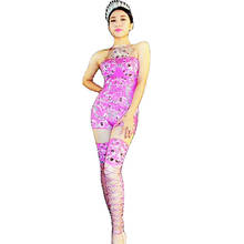 Body feminino rosa brilhante, sem mangas, com strass, para pista, dj, dança, trajes 2024 - compre barato