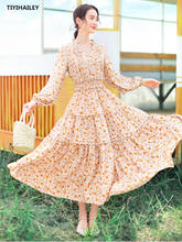 TIYIHAILEY Free Shipping Boshow Autumn Spring High Waist Print Long Maxi Lantern Sleeve S-L Flower Dresses Chiffon Big Hem Belt 2024 - buy cheap