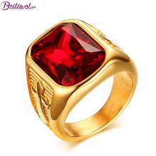 Anéis para homem titânio aço ouro-cor jóias finas quadrado vermelho strass cruz de cristal anel de noivado masculino design exclusivo 2024 - compre barato