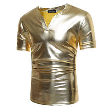 Блестящая футболка с коротким рукавом золотого и металлического цвета, Мужская Уличная футболка в стиле хип-хоп, Повседневная футболка Homme DJ для ночного клуба, Мужская футболка с v-образным вырезом, Camiseta 2024 - купить недорого