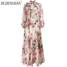 DLDENGHAN-elegante vestido de gasa con estampado Floral para mujer, vestido vintage con cuello de lazo, manga larga, para vacaciones, de diseñador, nuevo 2024 - compra barato