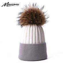 Inverno real raccoon pele pompon chapéu para adultos homens e mulheres cor sólida combinando gorro quente bebê malha parentalidade chapéu de cobertura 2024 - compre barato