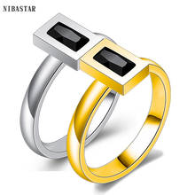 Nibastar anel de cristal preto feminino, anel de aço inoxidável minimalista exclusivo para casamento, joia da moda, presente 2024 - compre barato