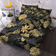 BlessLiving-Juego de cama inspirado en la naturaleza, funda de edredón con diseño Tropical de Monstera y hojas de palma, color negro, dorados de moda, elegante y botánico, 3 piezas 2024 - compra barato