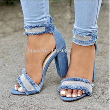 Women New Denim Chunky Heel Sandals Fashion Design Blue Jeans Tassels Dress Sandals Lady Sexy Casual Sandals Dropship Party Shoe 2024 - buy cheap