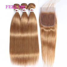 Feelme-aplique de cabelo humano brasileiro remy, pacotes de cabelo liso com fechamento #27, loiro mel pré-colorido 2024 - compre barato