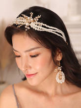Vintage Gold Pearl Bridal crown wedding headband earrings noble women headdress bride hair jewelry sets 2024 - buy cheap