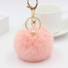 Pom pom pele chaveiro moda 8cm macio bola de pele chaveiro do carro tom de ouro bolsa feminina charme pérola jóias de casamento trinket 2024 - compre barato