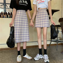 Falda a cuadros para mujer, nueva versión coreana de primavera 2021, falda larga y delgada con abertura trasera, cintura alta 2024 - compra barato