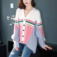 Outono camisa patchwork cardigan feminino casual manga comprida suéter de malha irregular outono inverno 2024 - compre barato