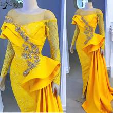 2019 Yellow Lace Appliqued Mermaid Prom Dresses Vintage Long Sleeves Crystal Beaded Evening Gown Saudi Arabic Dubai Formal Party Dress 2024 - buy cheap