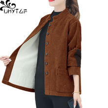 UHYTGF Plus Velvet Thicken Autumn Winter Jacket Women Vintage Corduroy Casual Warm Short Coat Elegant Mother Large Size Top 1238 2024 - buy cheap