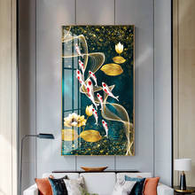 Imagem da arte da parede hd impressão abstracto chinês nove koi peixe paisagem pintura a óleo sobre tela cartaz para sala de estar decoração moderna 2024 - compre barato