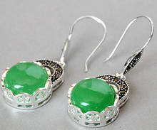 Fashion 925 Sterling Silver Natural Green Natural jade  Marcasite Earrings 14/5" 2024 - buy cheap